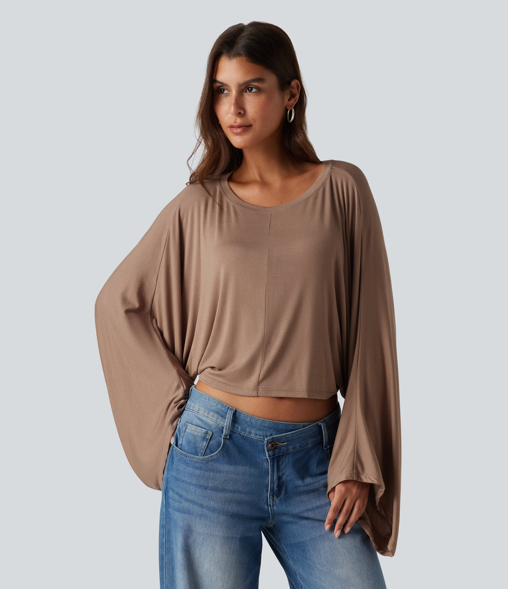 Ribbed Boat Neck Long Sleeve Batwing Casual Top — Beaver Fur — view 1