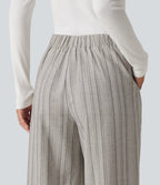 High Waisted Baggy Stripe Casual Linen-Feel Trousers with Pockets — Toasted Linen — view 5