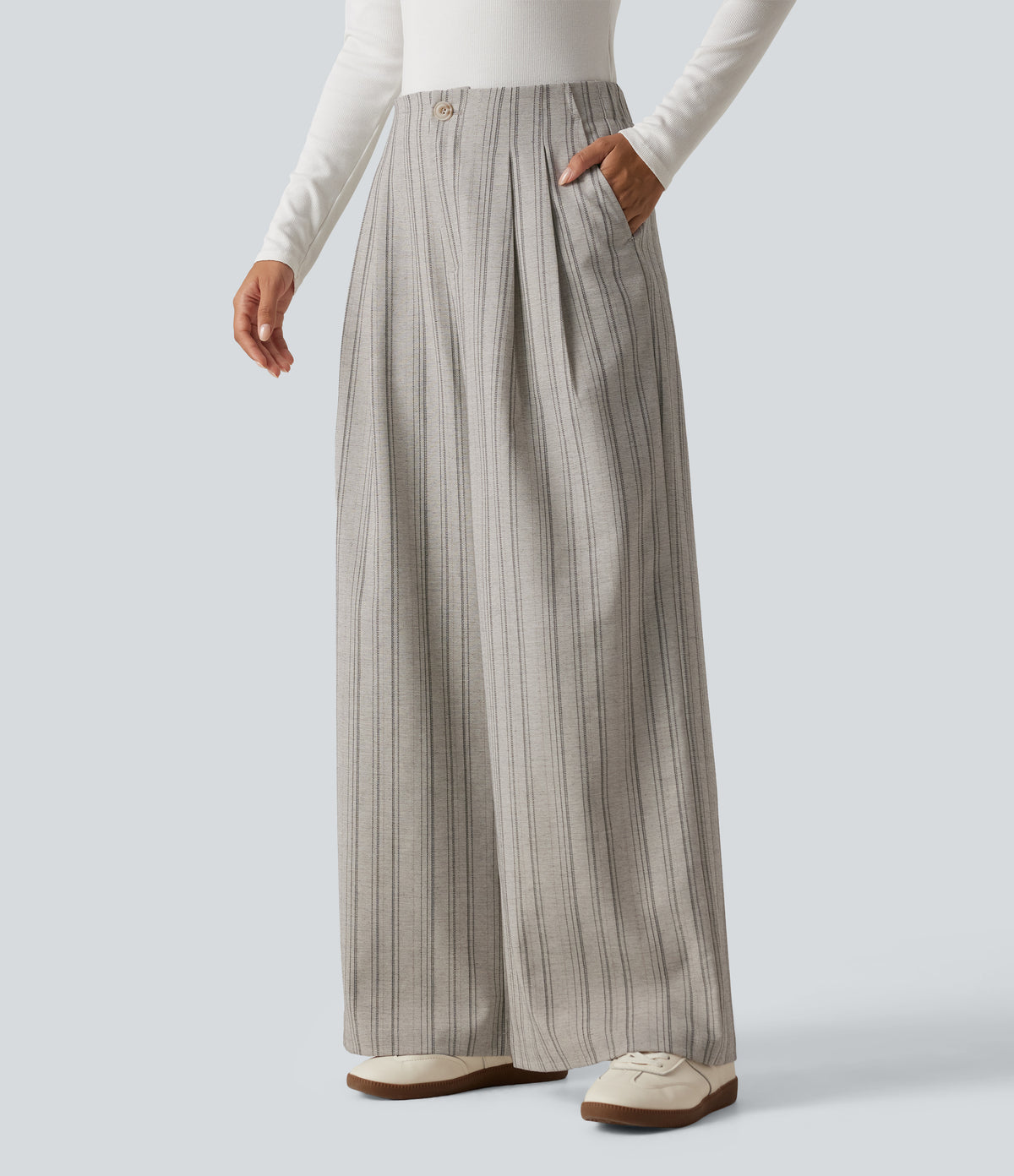 High Waisted Baggy Stripe Casual Linen-Feel Trousers with Pockets — Toasted Linen — view 3