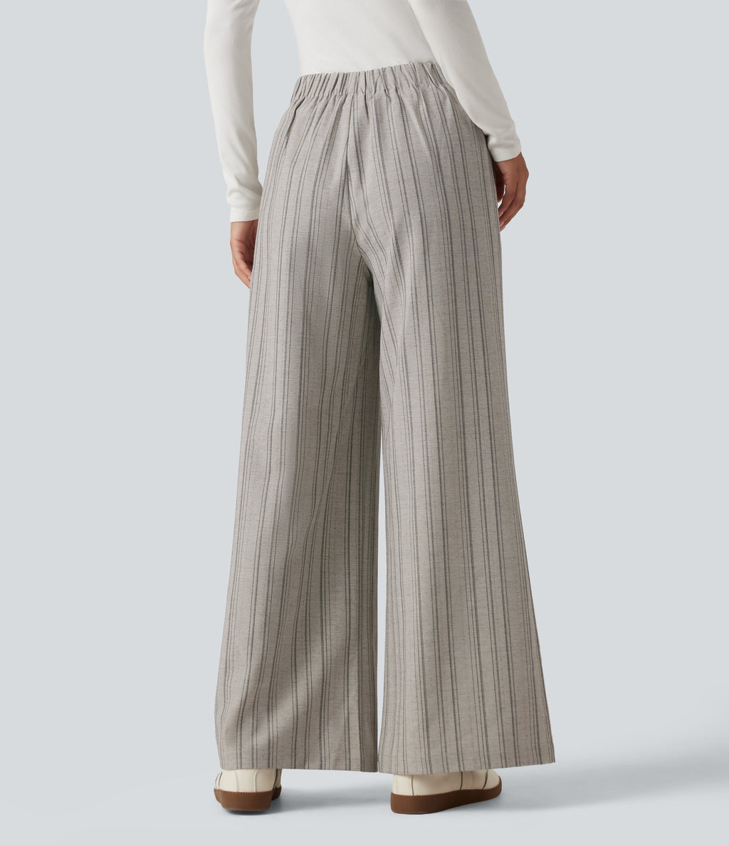 High Waisted Baggy Stripe Casual Linen-Feel Trousers with Pockets — Toasted Linen — view 2