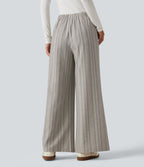High Waisted Baggy Stripe Casual Linen-Feel Trousers with Pockets — Toasted Linen — view 2