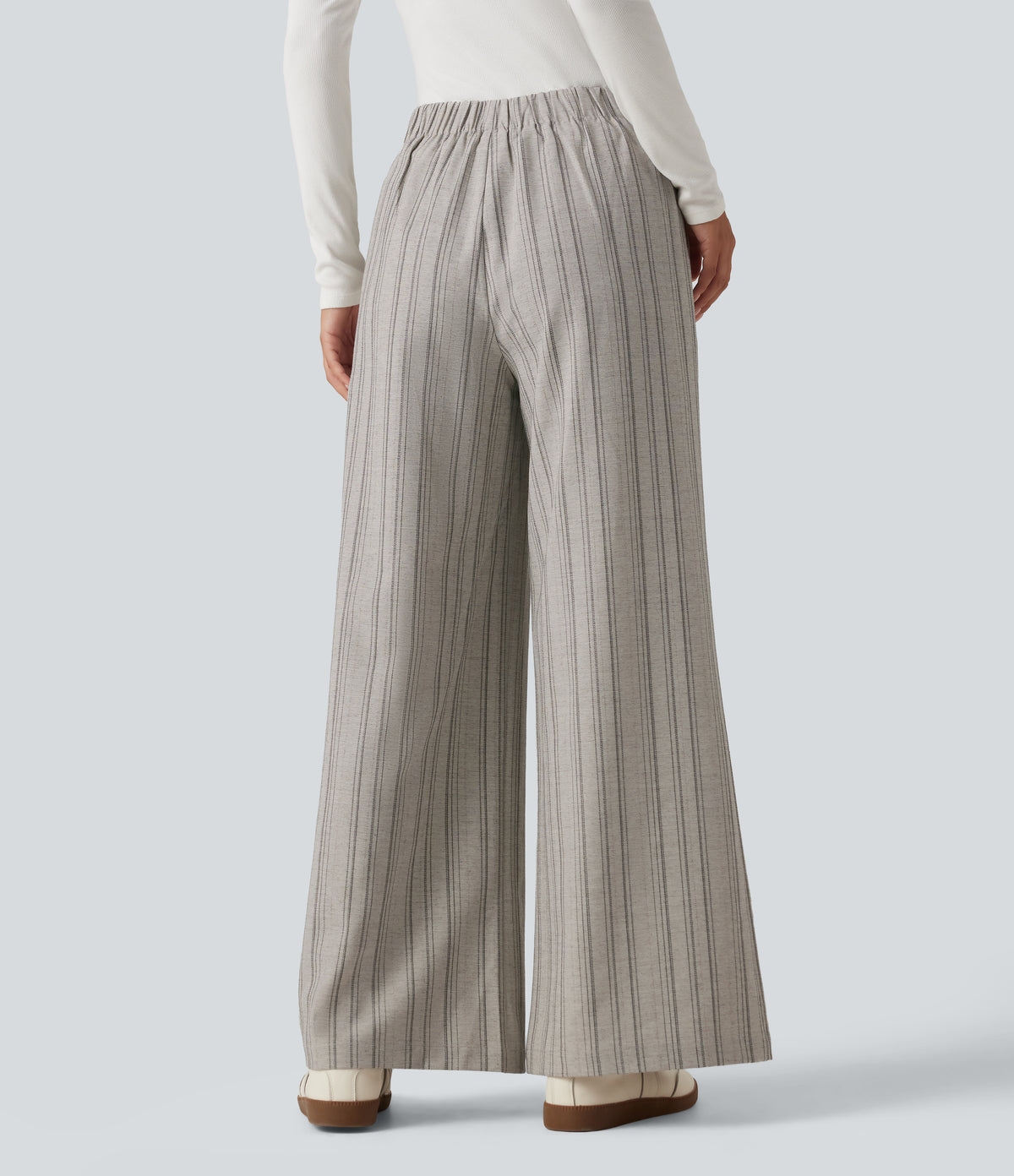 High Waisted Baggy Stripe Casual Linen-Feel Trousers with Pockets — Toasted Linen — view 2