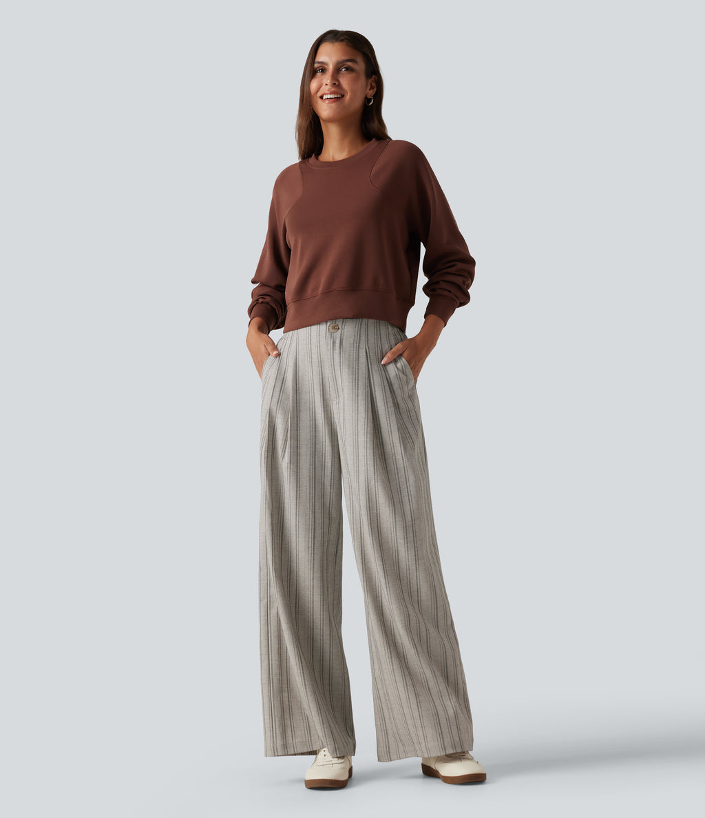 High Waisted Baggy Stripe Casual Linen-Feel Trousers with Pockets — Toasted Linen — view 6