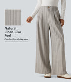 High Waisted Baggy Stripe Casual Linen-Feel Trousers with Pockets — Toasted Linen — view 1