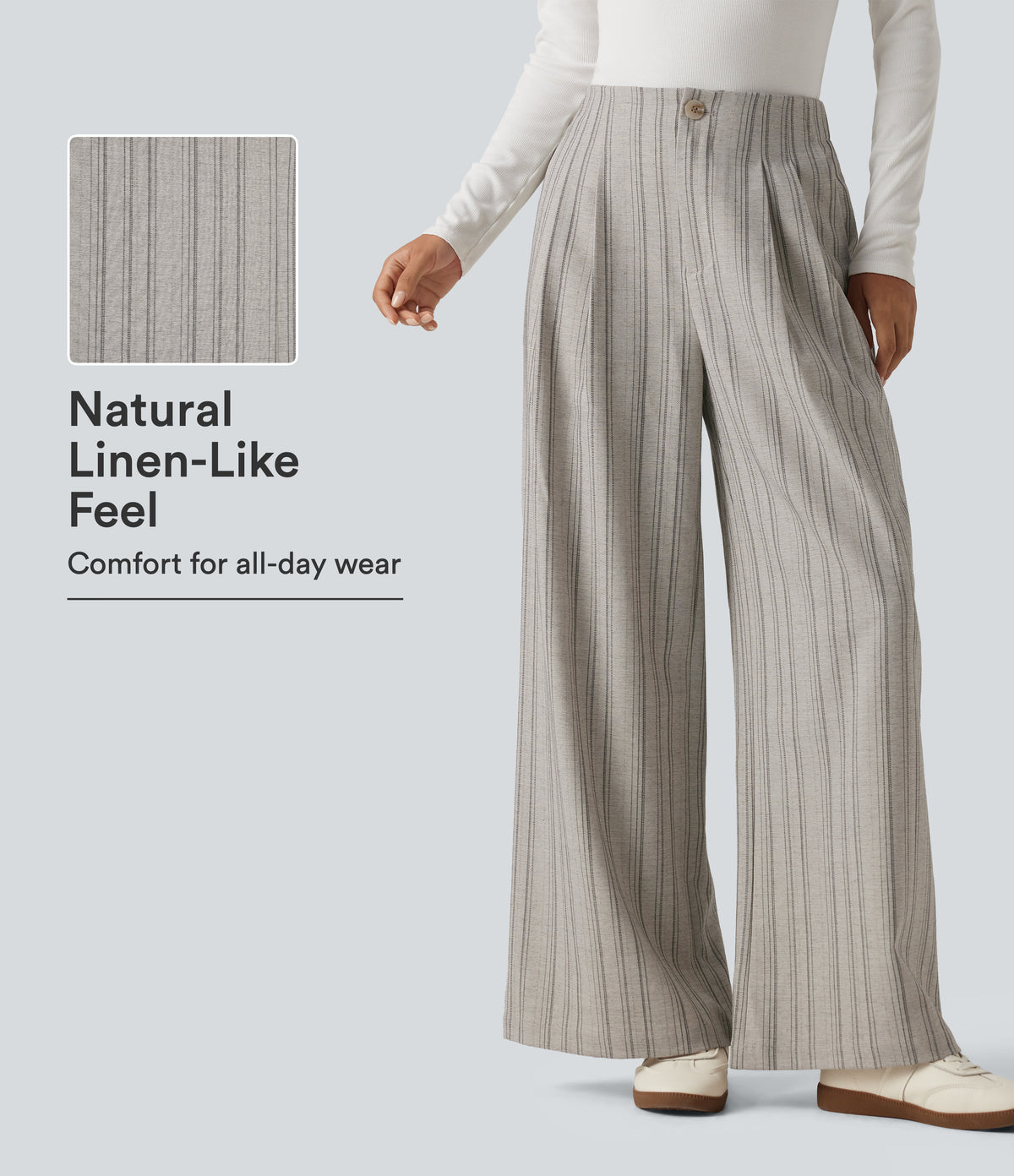 High Waisted Baggy Stripe Casual Linen-Feel Trousers with Pockets — Toasted Linen — view 1