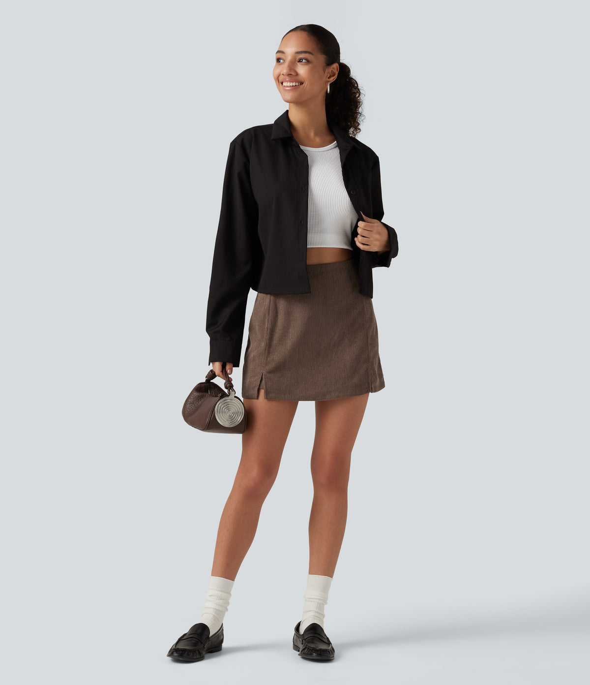 High Waisted A Line Mini Corduroy Casual Skort — Acorn — view 6