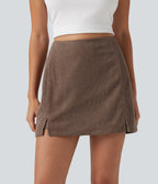 High Waisted A Line Mini Corduroy Casual Skort — Acorn — view 4