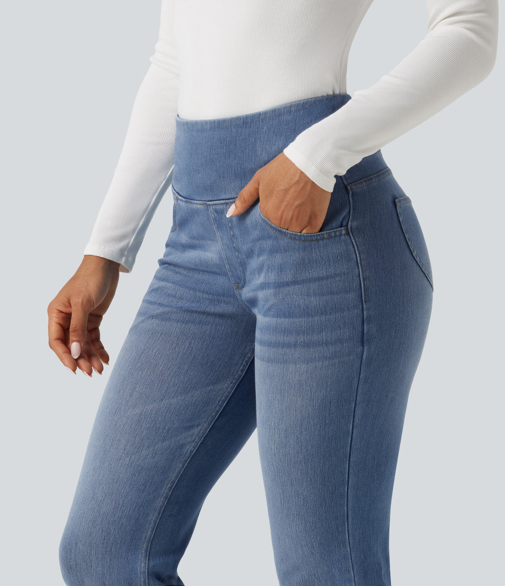 High Waisted Tummy Control Bootcut Casual Jeans with Pockets — Blue Jasper Denim — view 5