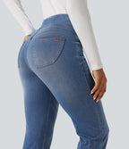 High Waisted Tummy Control Bootcut Casual Jeans with Pockets — Blue Jasper Denim — view 4