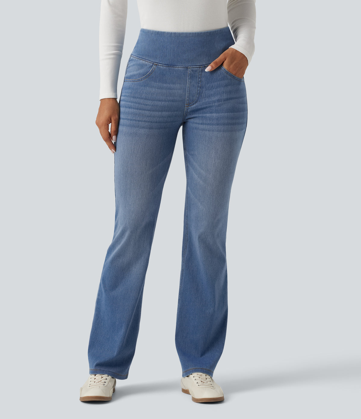 High Waisted Tummy Control Bootcut Casual Jeans with Pockets — Blue Jasper Denim — view 2