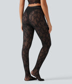 High Waisted Contrast Lace Skinny Tights — Black — view 3