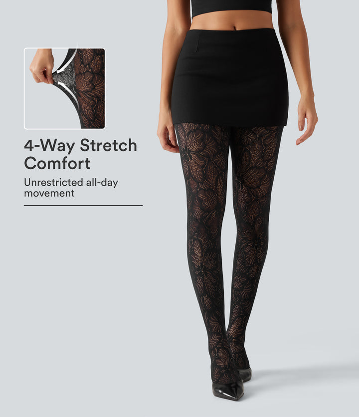High Waisted Contrast Lace Skinny Tights — Black — view 1