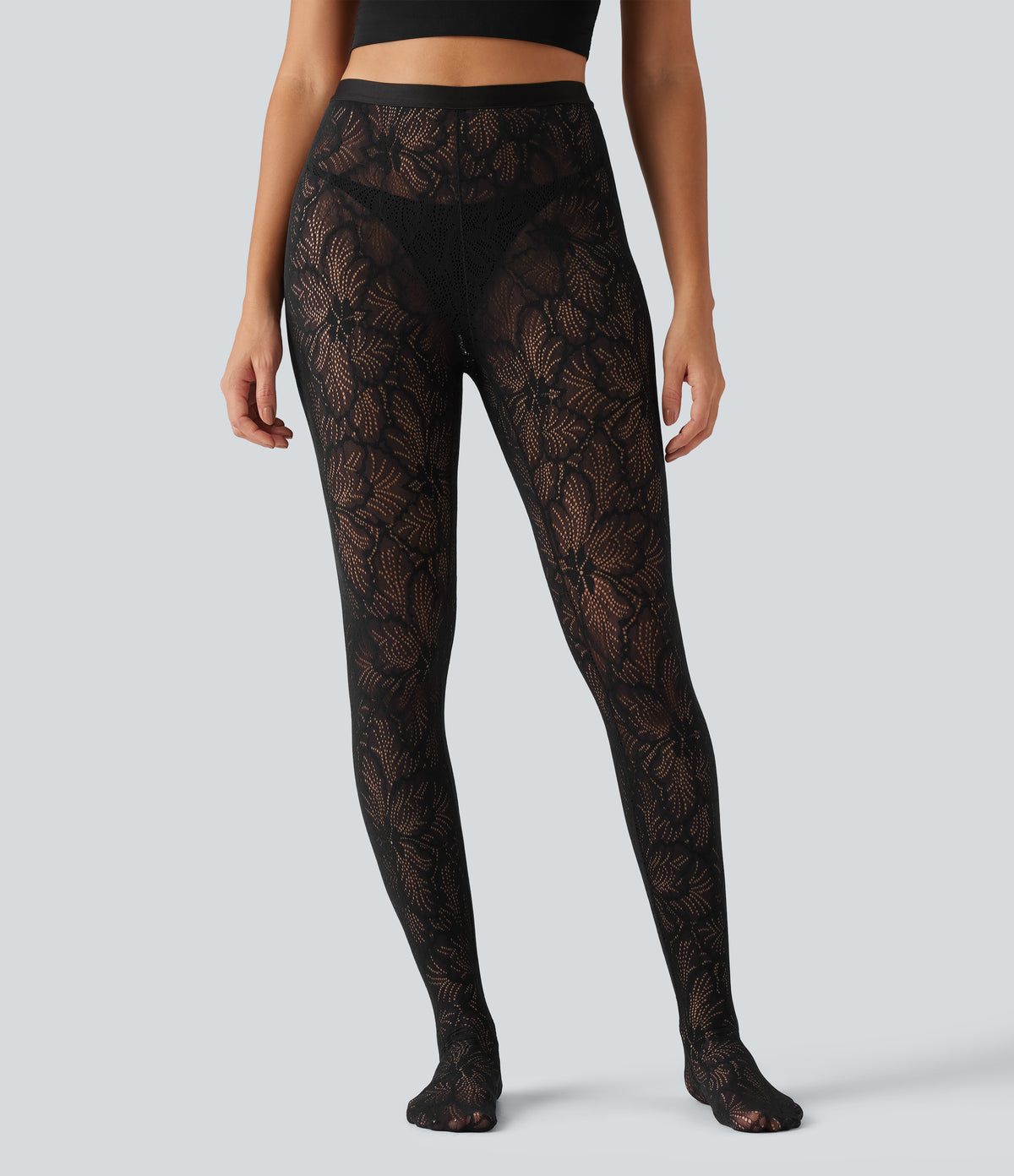High Waisted Contrast Lace Skinny Tights — Black — view 2