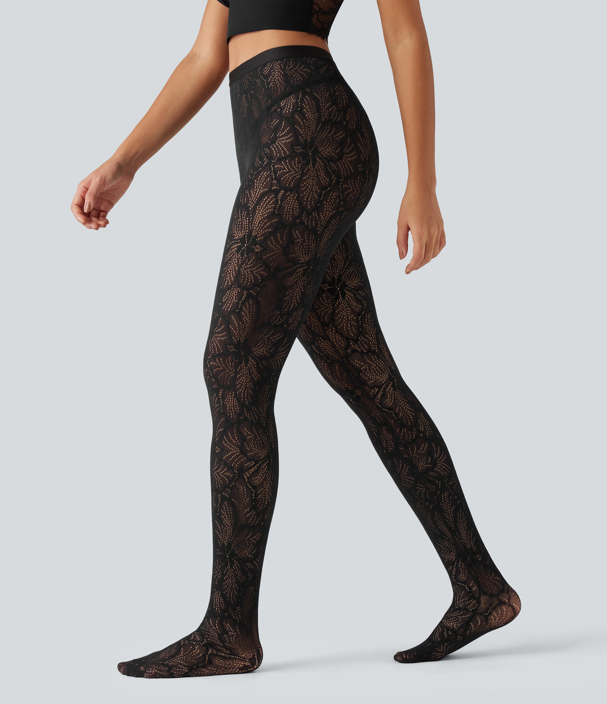 High Waisted Contrast Lace Skinny Tights — Black — view 5