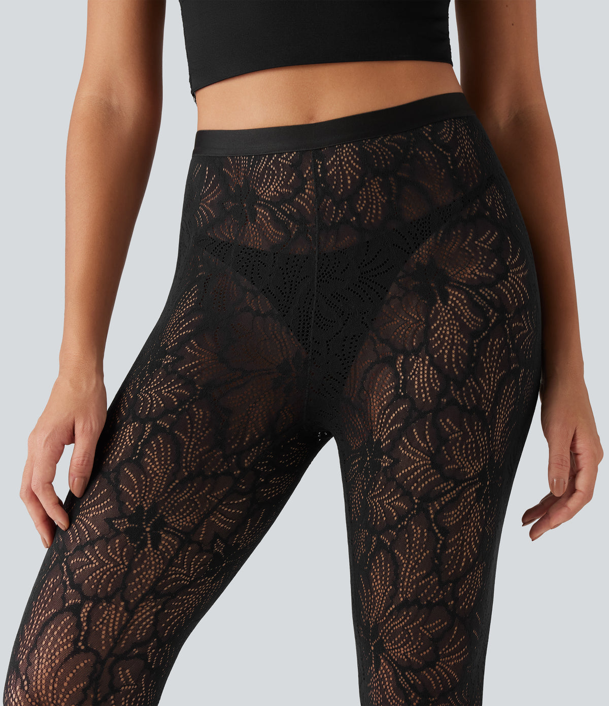 High Waisted Contrast Lace Skinny Tights — Black — view 8