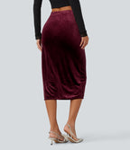 High Waisted Ruched Asymmetric Velvet Leopard Print Midi Party Skirt — Crimson Wild — view 2
