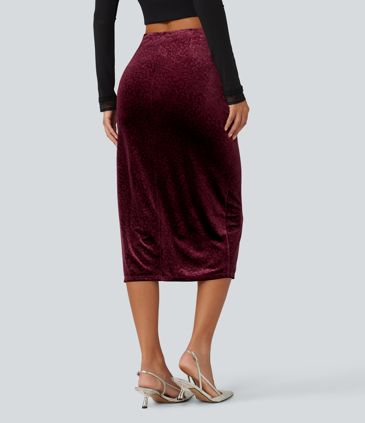High Waisted Ruched Asymmetric Velvet Leopard Print Midi Party Skirt — Crimson Wild — view 2