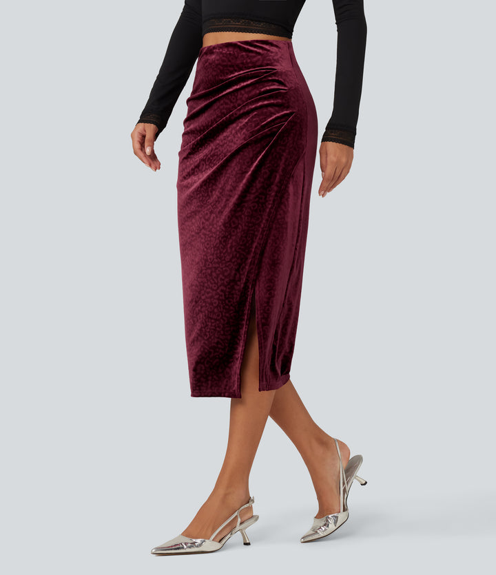 High Waisted Ruched Asymmetric Velvet Leopard Print Midi Party Skirt — Crimson Wild — view 1
