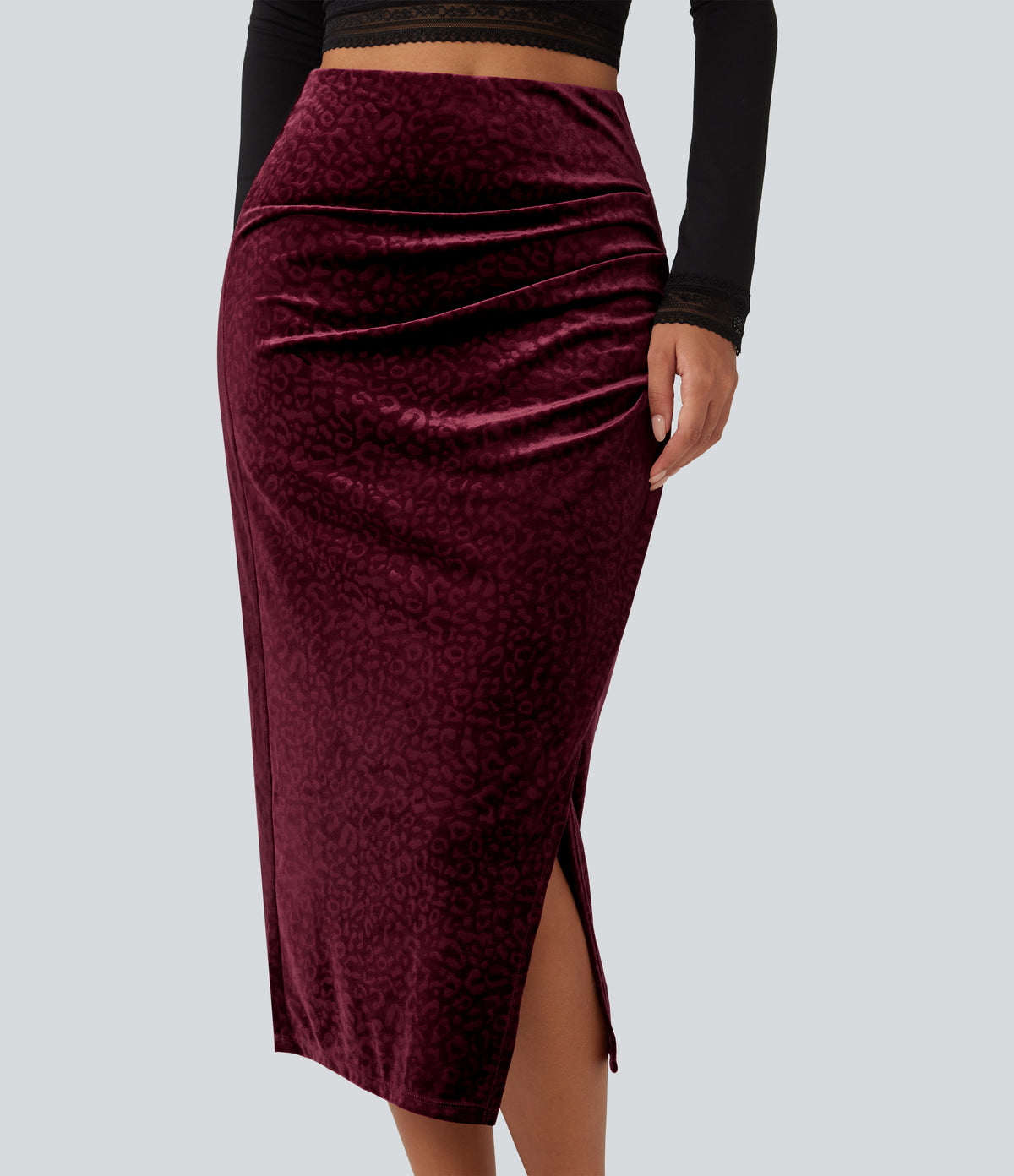 High Waisted Ruched Asymmetric Velvet Leopard Print Midi Party Skirt — Crimson Wild — view 5