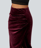 High Waisted Ruched Asymmetric Velvet Leopard Print Midi Party Skirt — Crimson Wild — view 4