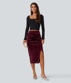 High Waisted Ruched Asymmetric Velvet Leopard Print Midi Party Skirt — Crimson Wild — view 6