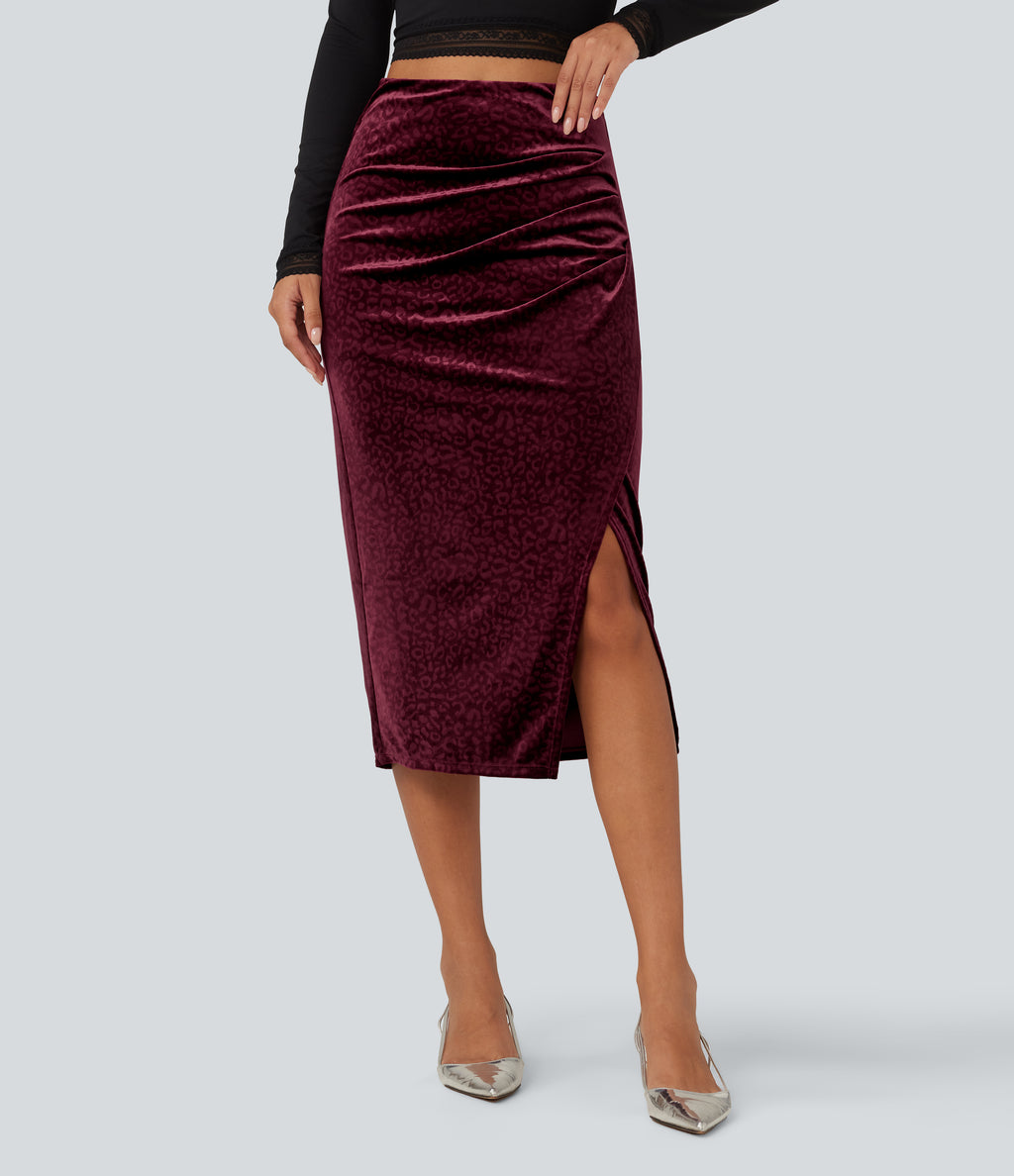 High Waisted Ruched Asymmetric Velvet Leopard Print Midi Party Skirt — Crimson Wild — view 3