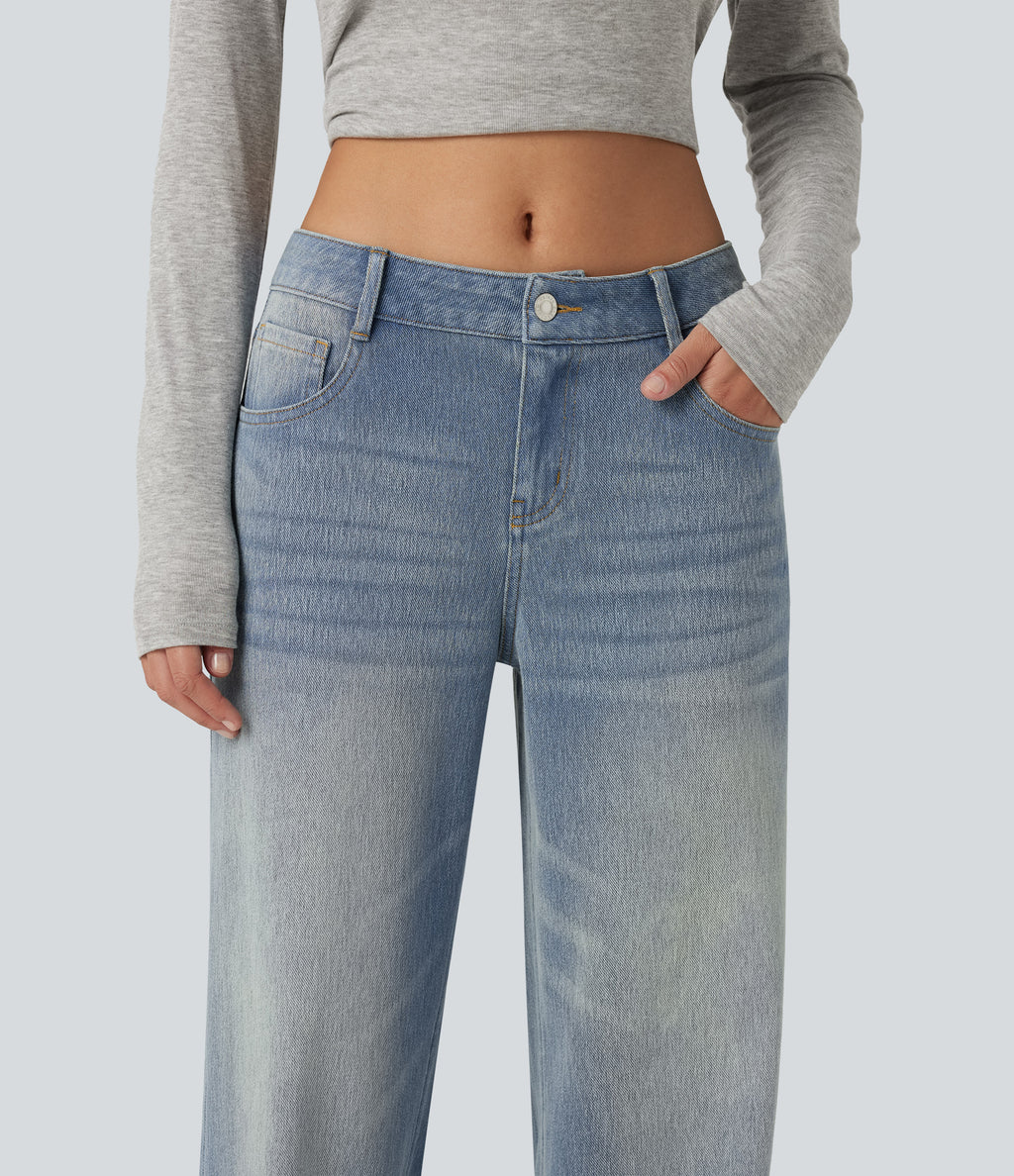 Low Rise Straight Leg Casual Jeans with Pockets — Sunset Blue Denim — view 4