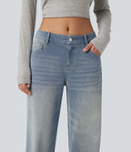 Low Rise Straight Leg Casual Jeans with Pockets — Sunset Blue Denim — view 4
