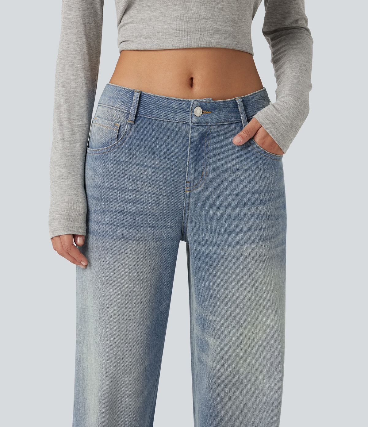 Low Rise Straight Leg Casual Jeans with Pockets — Sunset Blue Denim — view 4