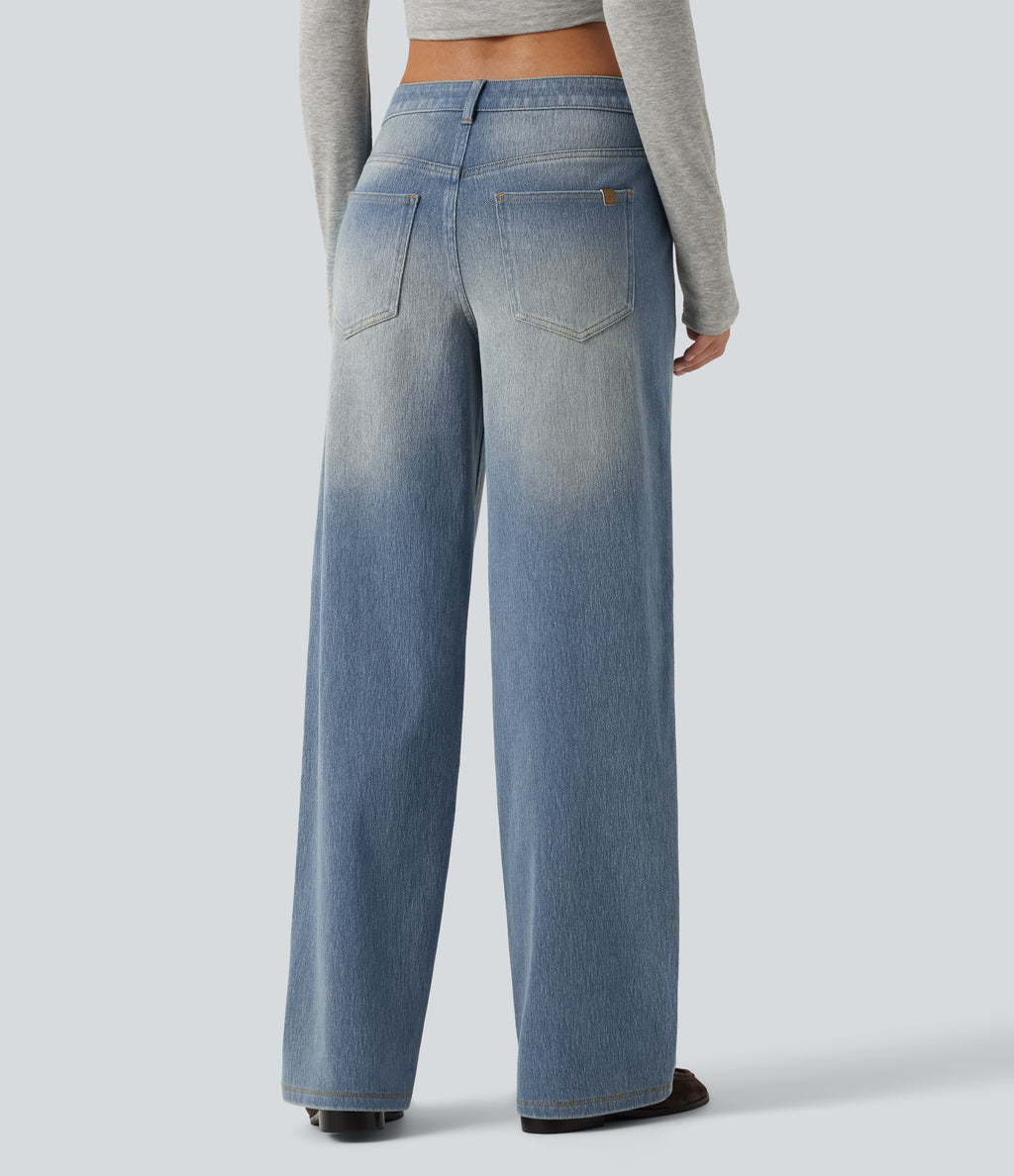 Low Rise Straight Leg Casual Jeans with Pockets — Sunset Blue Denim — view 2