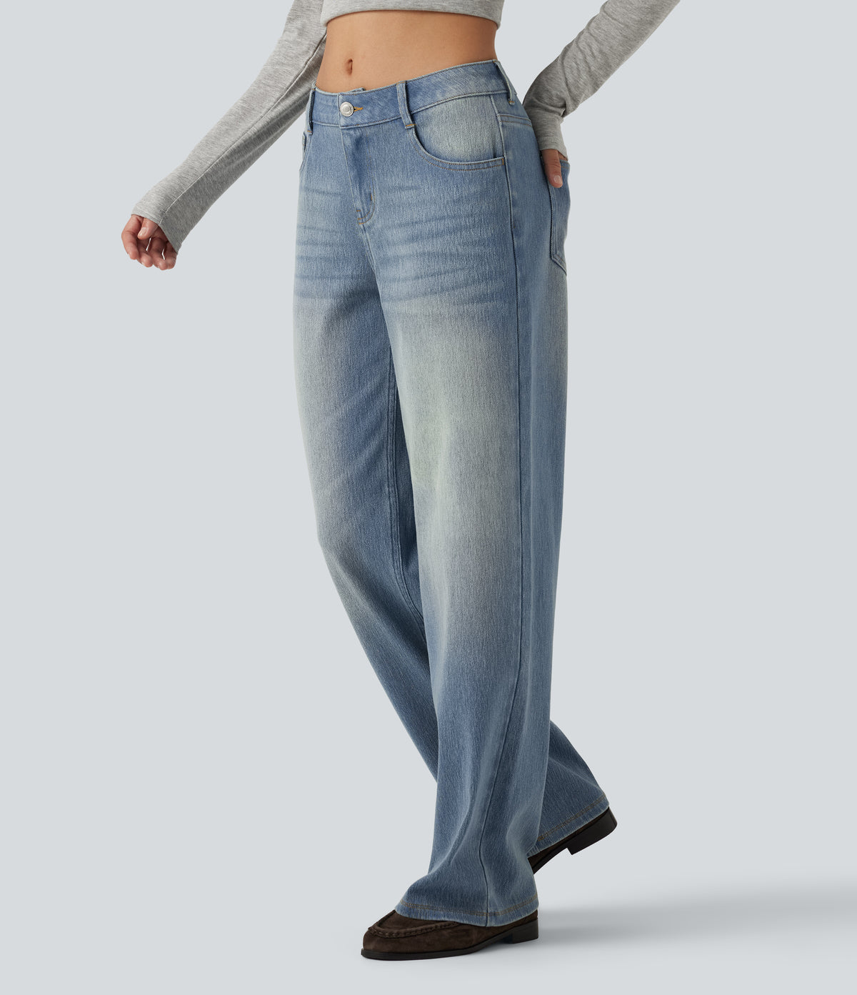 Low Rise Straight Leg Casual Jeans with Pockets — Sunset Blue Denim — view 3