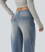 Low Rise Straight Leg Casual Jeans with Pockets — Sunset Blue Denim — view 5