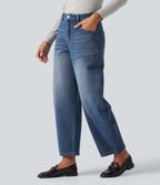 Mid Rise Barrel Leg Casual Jeans with Pockets — Tide Blue Denim — view 3