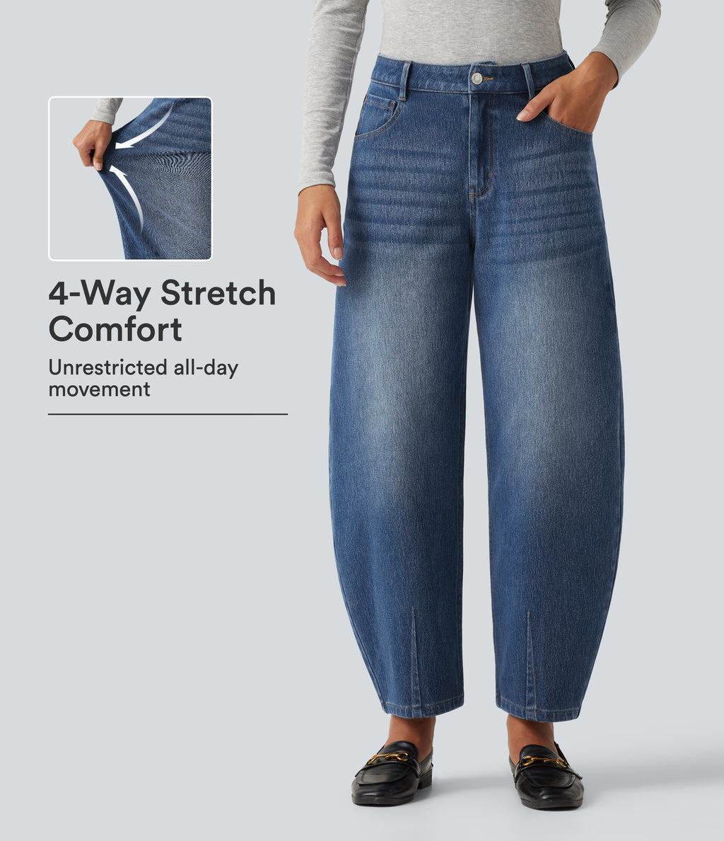 Mid Rise Barrel Leg Casual Jeans with Pockets — Tide Blue Denim — view 1
