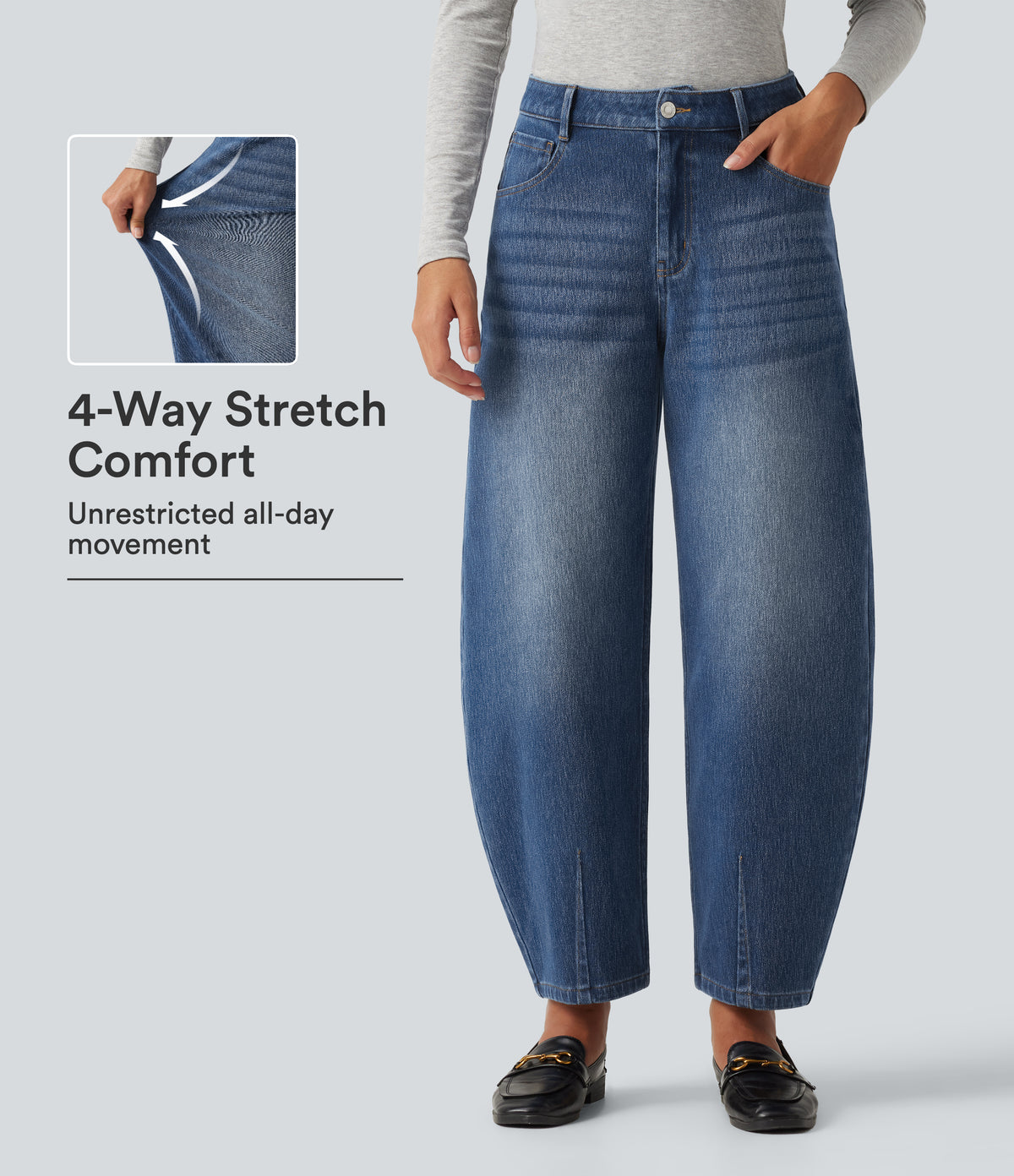 Mid Rise Barrel Leg Casual Jeans with Pockets — Tide Blue Denim — view 1