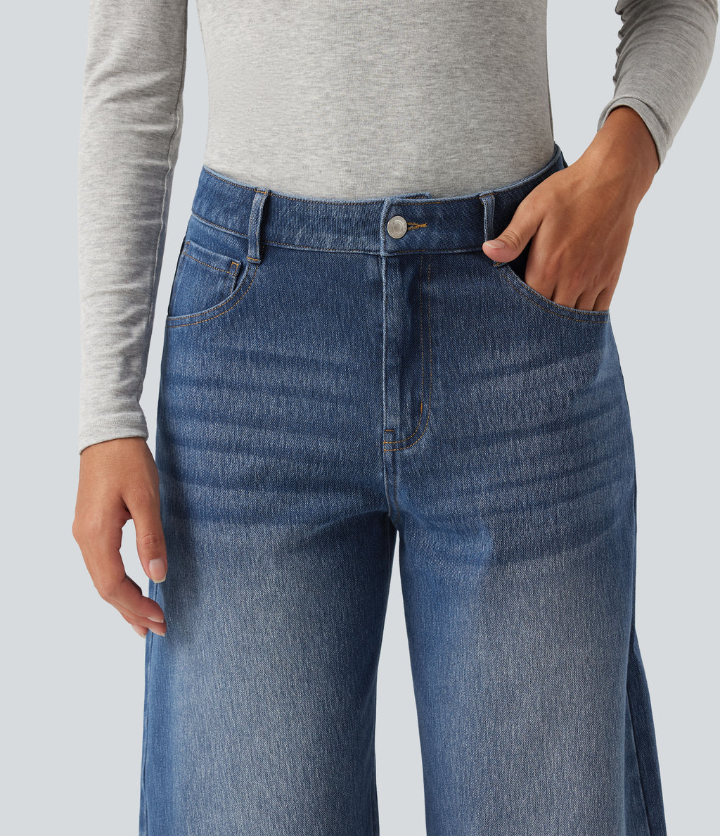 Mid Rise Barrel Leg Casual Jeans with Pockets — Tide Blue Denim — view 4
