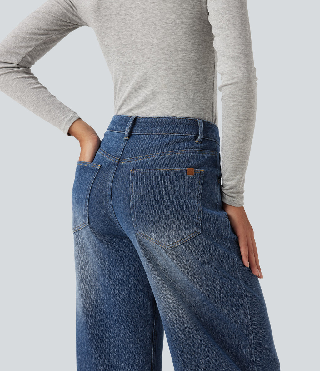 Mid Rise Barrel Leg Casual Jeans with Pockets — Tide Blue Denim — view 5