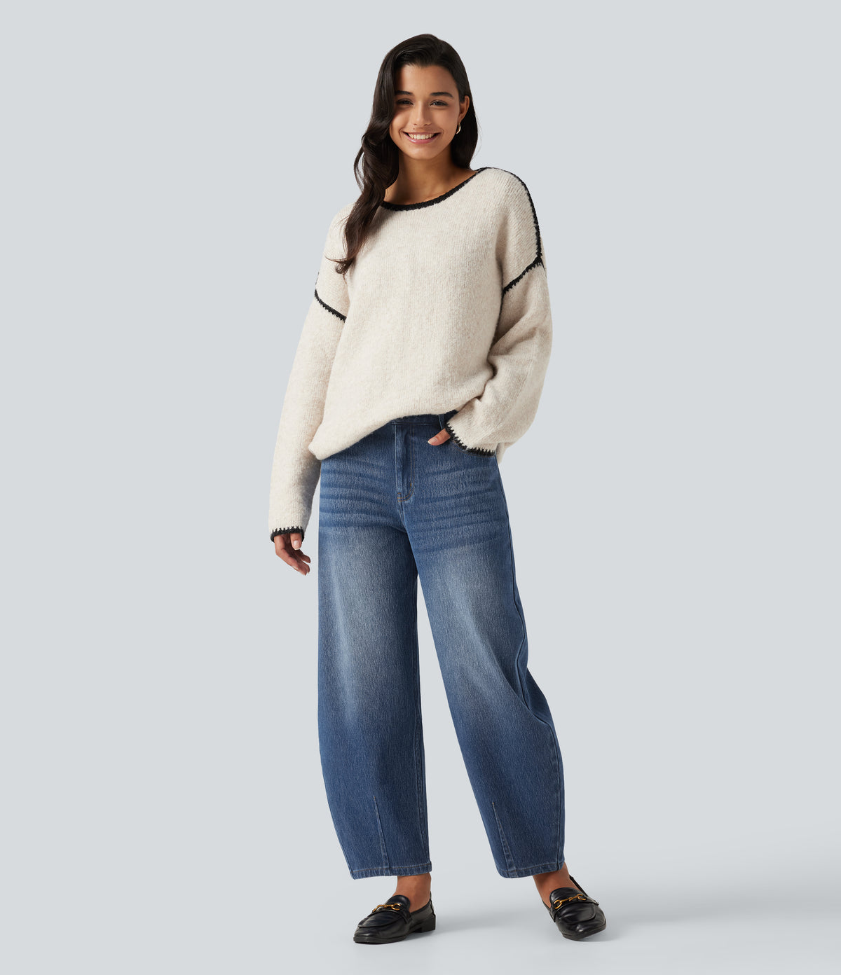 Mid Rise Barrel Leg Casual Jeans with Pockets — Tide Blue Denim — view 8