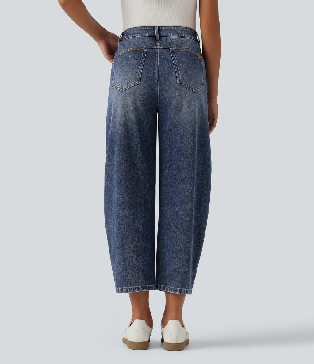 Mid Rise Barrel Leg Casual Jeans with Pockets — Estate Blue Denim — view 2