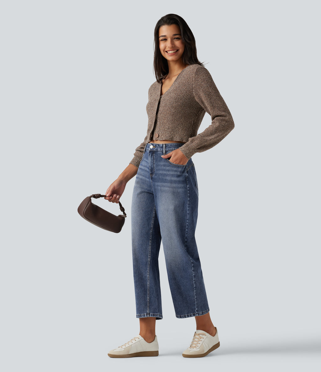 Mid Rise Barrel Leg Casual Jeans with Pockets — Estate Blue Denim — view 7