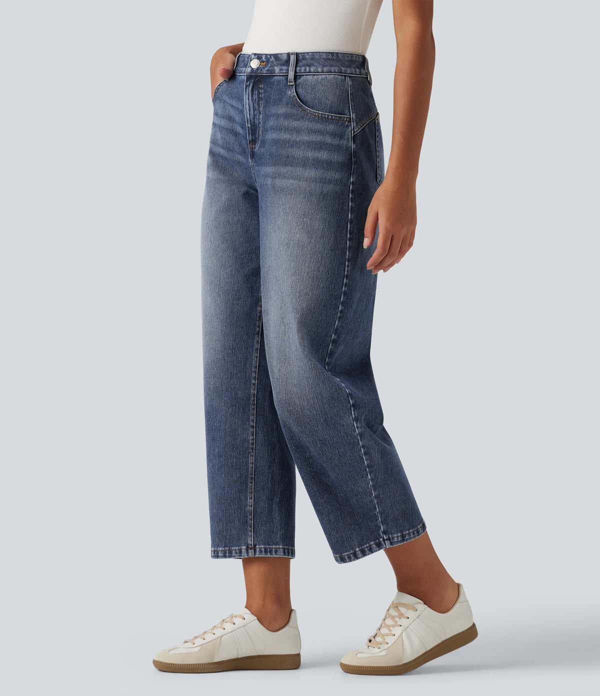 Mid Rise Barrel Leg Casual Jeans with Pockets — Estate Blue Denim — view 3