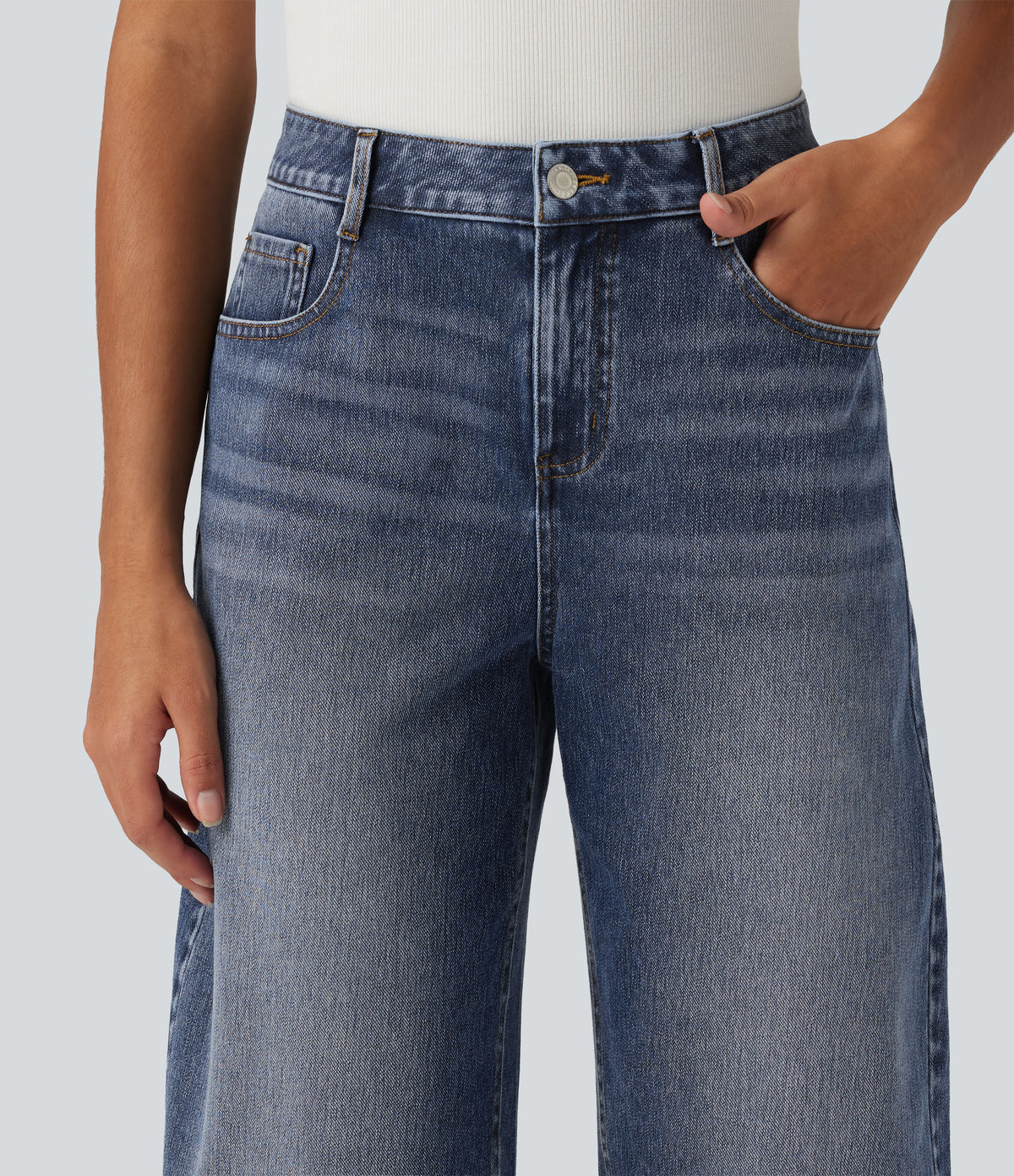 Mid Rise Barrel Leg Casual Jeans with Pockets — Estate Blue Denim — view 4