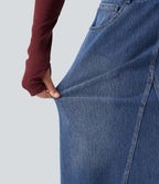Mid Rise Denim Midi Casual Skirt with Pockets — Tide Blue Denim — view 6