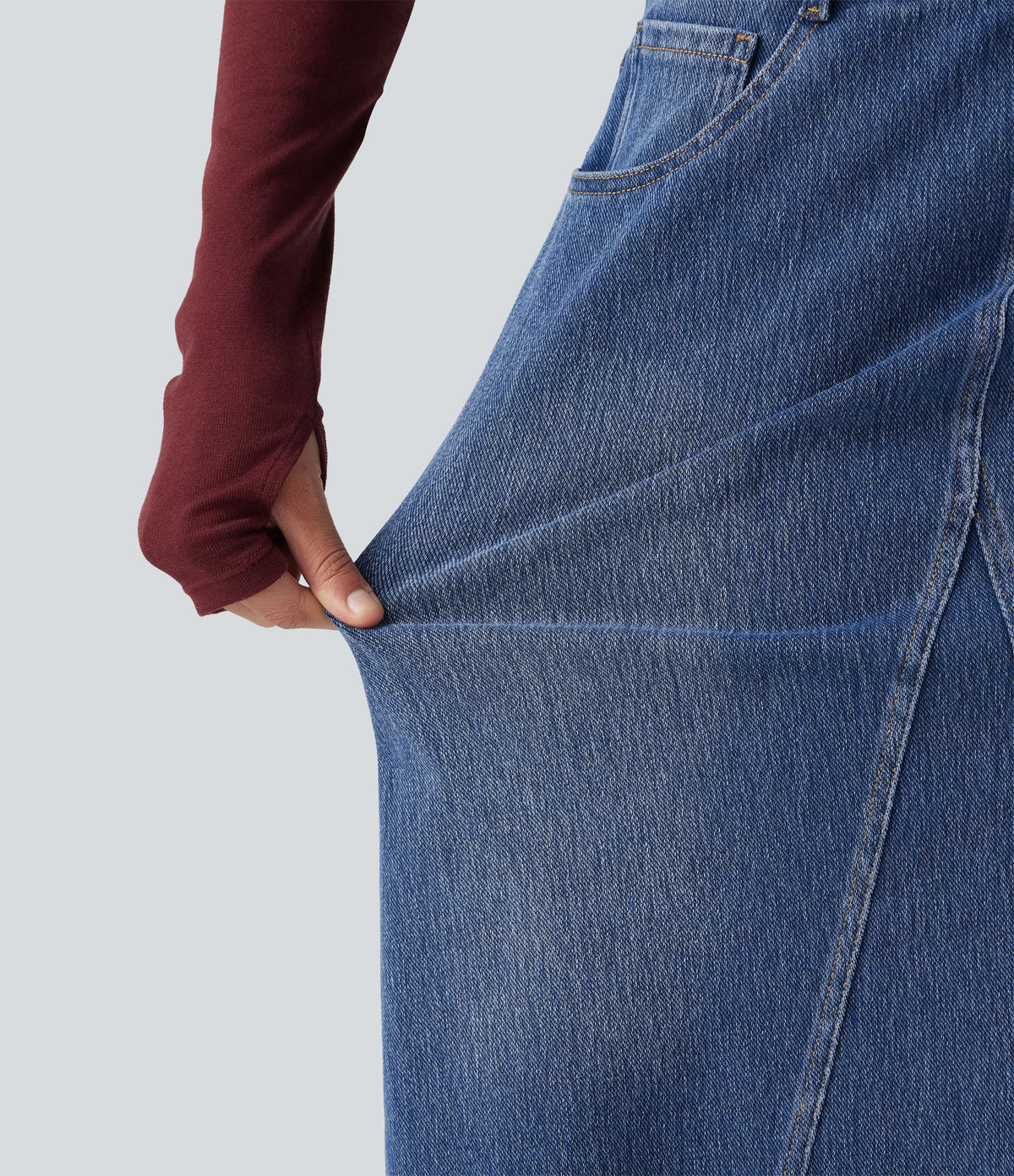 Mid Rise Denim Midi Casual Skirt with Pockets — Tide Blue Denim — view 6