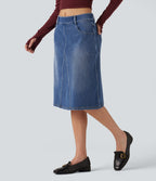 Mid Rise Denim Midi Casual Skirt with Pockets — Tide Blue Denim — view 3