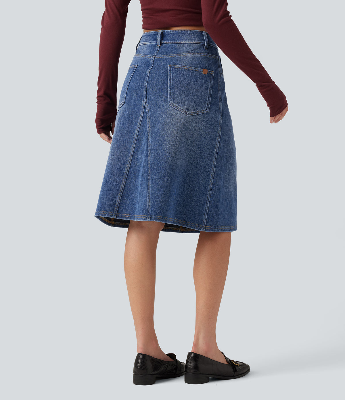 Mid Rise Denim Midi Casual Skirt with Pockets — Tide Blue Denim — view 2