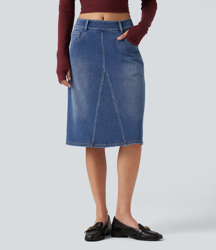 Mid Rise Denim Midi Casual Skirt with Pockets — Tide Blue Denim — view 1