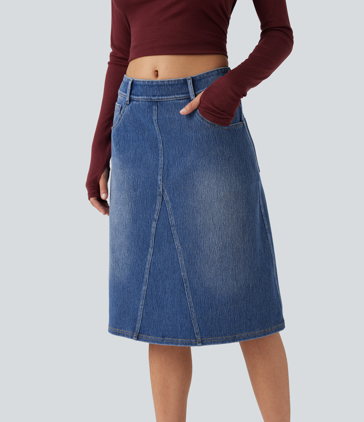Mid Rise Denim Midi Casual Skirt with Pockets — Tide Blue Denim — view 5
