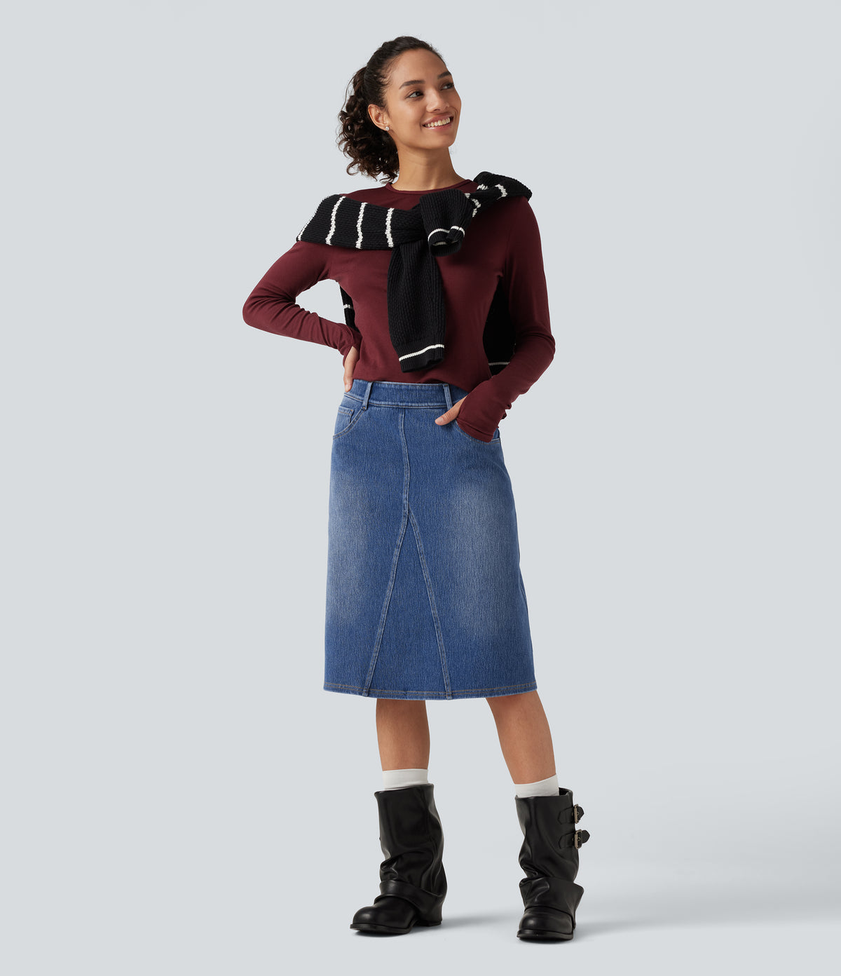 Mid Rise Denim Midi Casual Skirt with Pockets — Tide Blue Denim — view 7