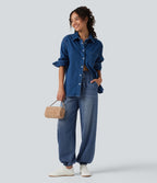 High Waisted Drawstring Denim Casual Joggers with Pockets — Tide Blue Denim — view 7